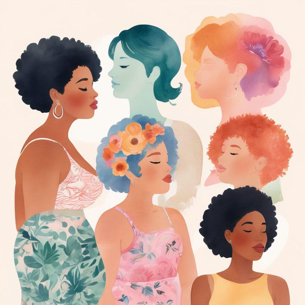 A vibrant and inclusive collage depicting diverse female silhouettes celebrating body positivity, intertwined with personal stories illustrated as speech bubbles, showcasing different body types and unique features. Soft pastel colors create an inviting atmosphere, while intricate floral patterns symbolize growth and acceptance. The background features subtle anatomical illustrations to tie the theme together. watercolor style. vibrant colors. soft focus.